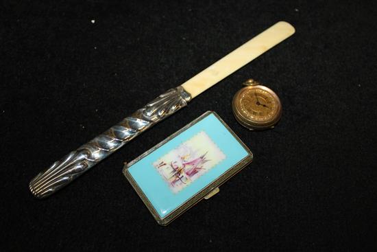Silver enamel card case, silver handled & ivory paper knife & pocket watch